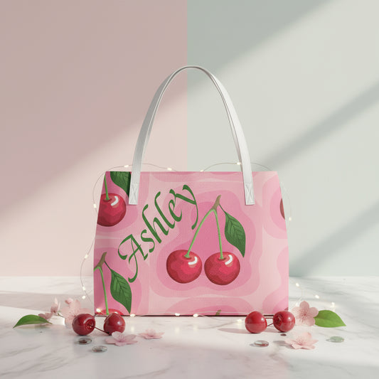 Leather Tote Bag, Mini Personalized PU Shoulder Handag, Custom with Strap and Pink Cherry