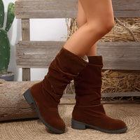 Brown suede round-toe block heel knee boots with ruched shaft and pull tabs
