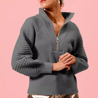 Charcoal half-zip ribbed knit sweater with raglan balloon sleeves
