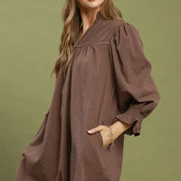 Chocolate textured mini dress with puff sleeves and A-line skirt