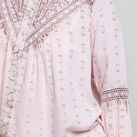 Rose pink embroidered lace yoke blouse with gathered neckline and smocked sleeve cuff