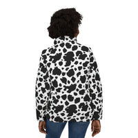 Black Puffer Coat Womens | Fun Black and White Cow Print Puffer