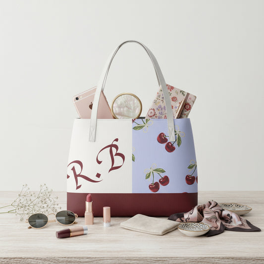 Leather Tote Bag, Mini Personalized PU Shoulder Handag, Custom with Strap and Block Cherry