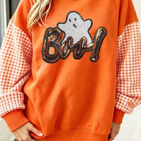 Orange Halloween sweatshirt with plaid patchwork sleeves and sequin 'Boo' ghost graphic