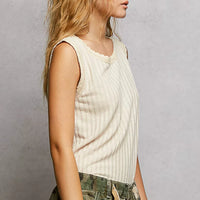 Beige ribbed sleeveless tank, scalloped lace round neckline (side view)