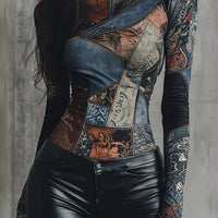 Patchwork printed long-sleeve mock neck T-shirt, mixed graphic panels in dark tones