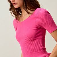 Hot pink ribbed knit peplum sweater top, short sleeves, fitted waist