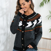 Black ghost intarsia cardigan with button front, long sleeves, and ribbed collar