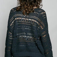 Black open-knit button cardigan with long sleeves and patterned crochet holes
