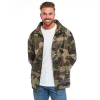 Green camouflage waterproof jacket with a raised collar and front pockets