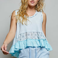 Powder blue floral print ribbed tank top with round neck and layered ruffle hem
