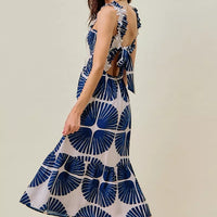 Navy abstract print tiered midi dress, smocked bodice, ruffled shoulder straps