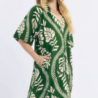 Green and cream leafy print mini dress with V-neck and loose short sleeves
