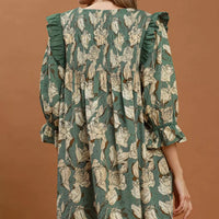 Sage floral smocked ruffle flowy dress with tiered back and puff sleeves
