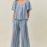 Blue striped wide-leg pull-on pants, flowing straight legs with elastic waist