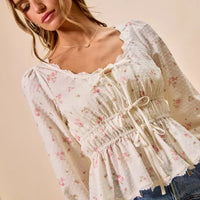 White floral clip-dot lace-trim peplum blouse with drawstring tie and gathered ruched bodice