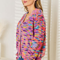 Multicolor v-neck long-sleeve button-front cardigan, knit texture and ribbed cuffs