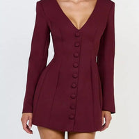 Wine red blazer dress front view with deep V-neck and button front
