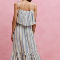 Back view of sleeveless striped midi dress with open-back tie straps and tiered ruffle skirt