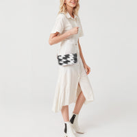 Black and white patterned mini shoulder bag with gold chain strap