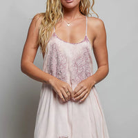 Rose-pink embroidered sleeveless cotton mini dress with vintage wash and scalloped hem