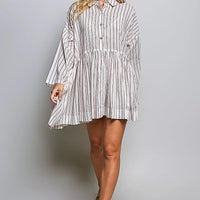 Striped shirt dress with collar buttons, gathered waist, long sleeves, flared short hem