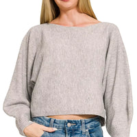 Grey knit boat-neck sweater with wide balloon sleeves, cropped hem