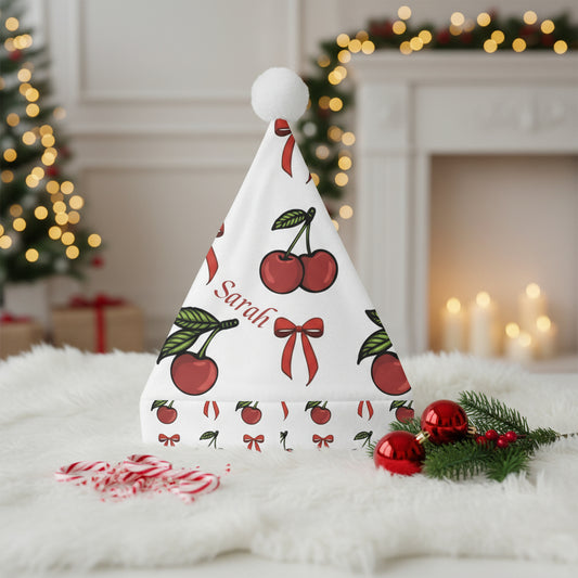 Personalized Santa Hat, Custom Cherry Bow Christmas Print, Holiday Fleece Cap for Women