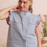 Blue-and-red striped twill vest top with ruffled shoulders and hidden button front