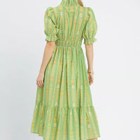 Sage green smocked midi dress, gathered back yoke with puff sleeves