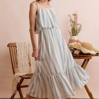 Blue and white striped sleeveless tiered midi dress with ruffle neckline