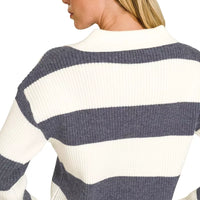 Navy/ivory striped sweater, ribbed knit, long sleeves