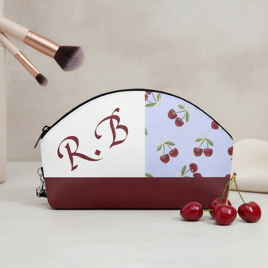 Leather Makeup Bag, Custom Make up Personalized Curve Toiletry Case, PU Leather Block Cherry