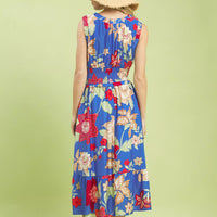 Floral smocked midi dress, sleeveless blue with red and cream floral print, tiered skirt