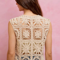 Back view of natural crochet sleeveless vest top with openwork square pattern