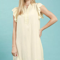 Cream ruffle-sleeve henley shift dress with button placket and short silhouette