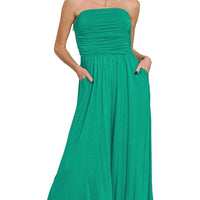 Green strapless tube top jumpsuit with ruched bodice and tiered midi skirt