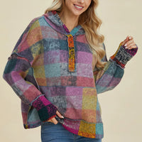 Multicolor plaid fleece hoodie with hood and quarter-zip placket, relaxed dropped shoulders