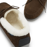 Brown suede slipper with a plush sheepskin opening and textured heel sole