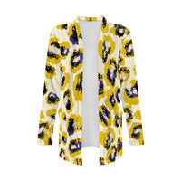 Yellow Leopard Print Open-Front Cardigan with Pockets