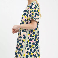 Short-sleeve V-neck polka dot tunic dress, honey/green with navy and pink spots