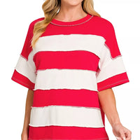 RUBY striped french terry top with exposed seams, crew neck, short sleeves
