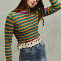 Striped cropped knit top with scalloped crochet cuffs and hem, long sleeves