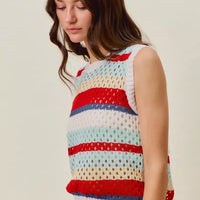 Women’s sweater knit tank top in multi-color horizontal stripes, sleeveless