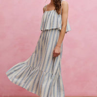 Sleeveless vertical stripe midi dress with tiered ruffle skirt and thin tie shoulder straps