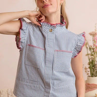 Blue and white striped ruffle-shoulder vest top with hidden button front and red trim