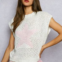 Ivory popcorn knit top with round neck and cap sleeves, pink star motif