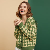 Lime Green Cardigan Sweater | Unisex Aesthetic Checkered Jacquard Knit