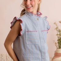 Blue striped sleeveless vest top with ruffled sleeves and red-trimmed hidden button placket