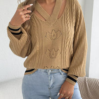 Camel V-neck cutout cable knit sweater with knit floral motifs